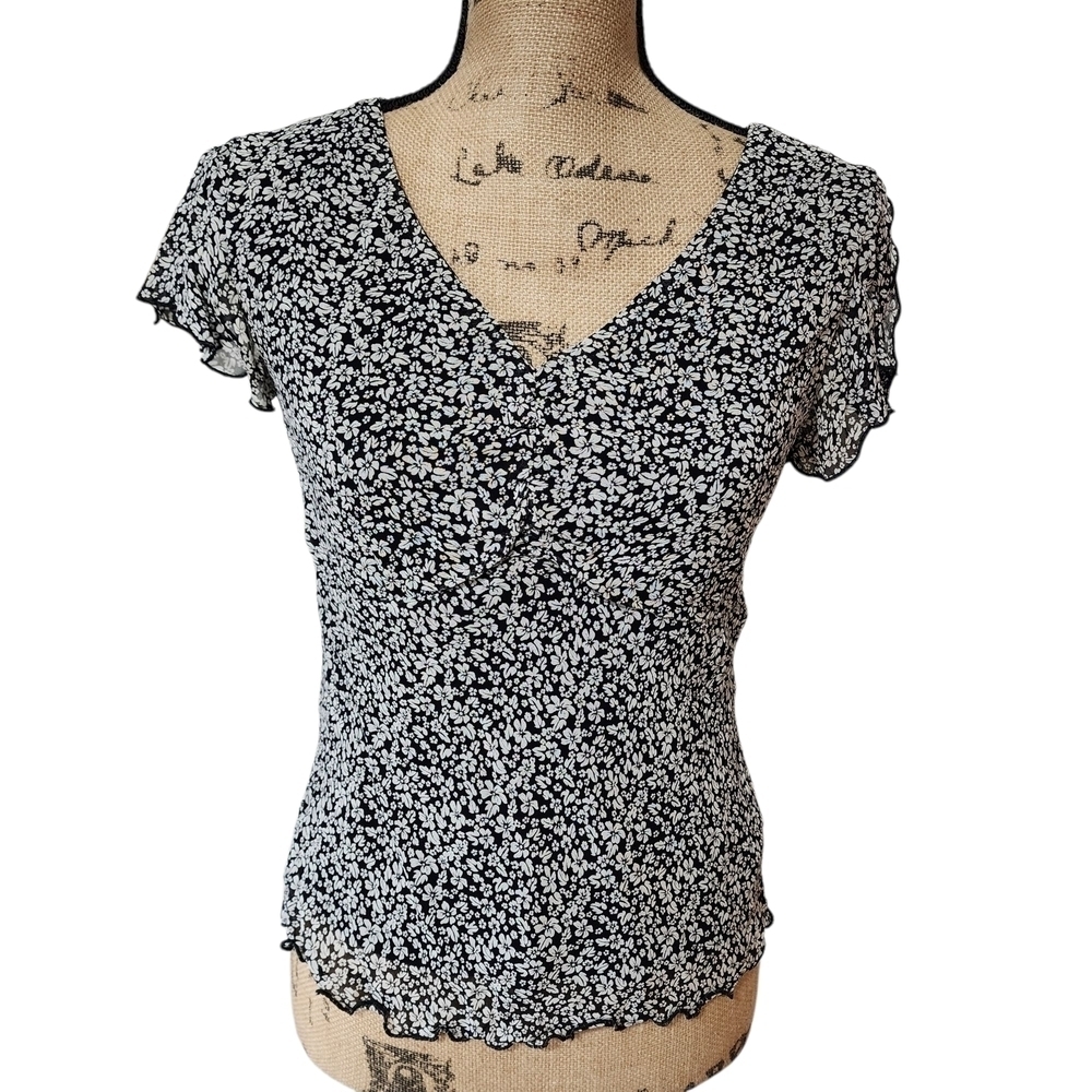 Vintage Y2K A.M.I. Floral Black and White Women's Top - Small
